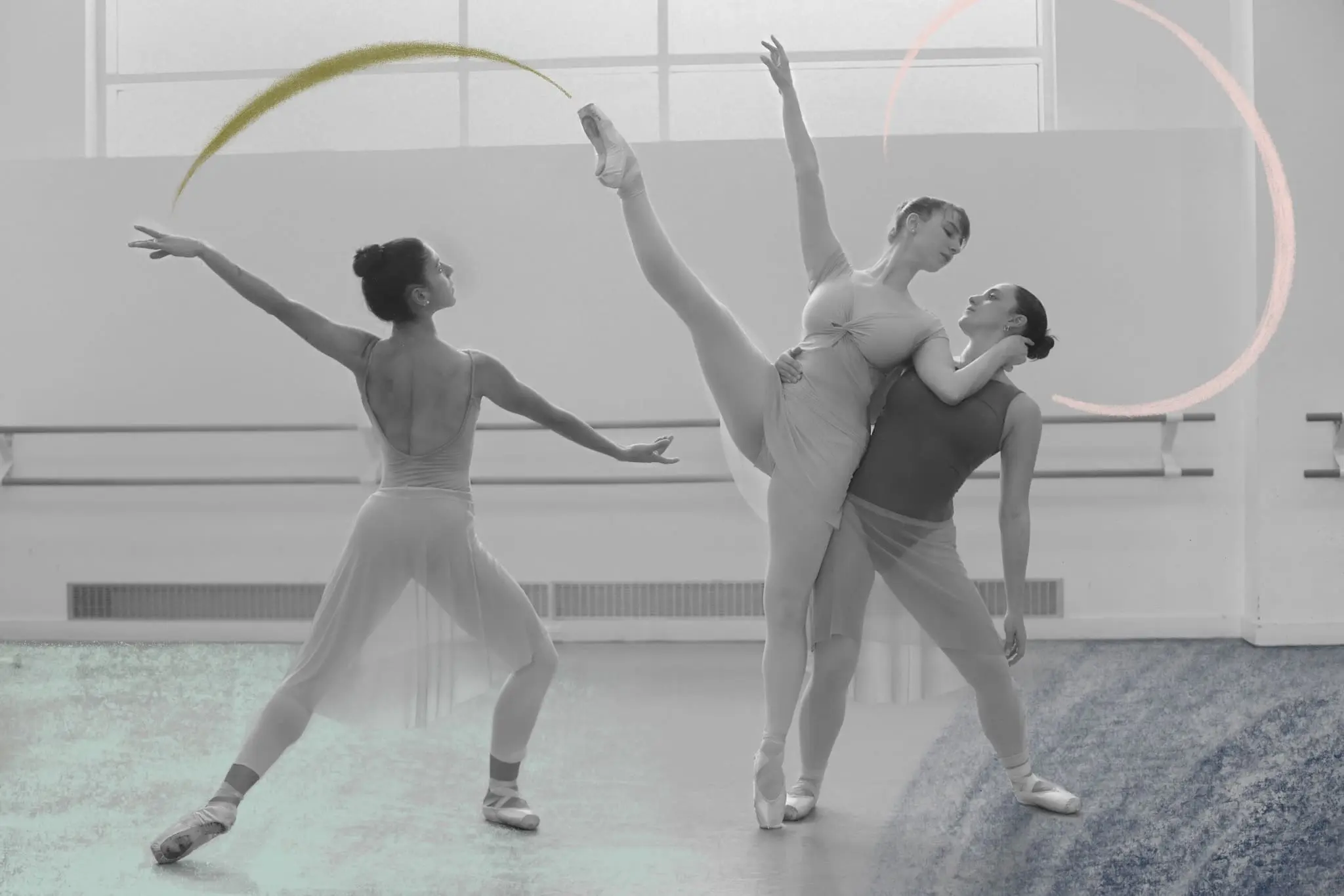 three dancers in a studio with decorative illustration overlaid